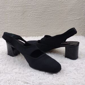 Prevata Black Cut Out Fabric Upper Square Toe Patent Block Heel Slingback Shoes